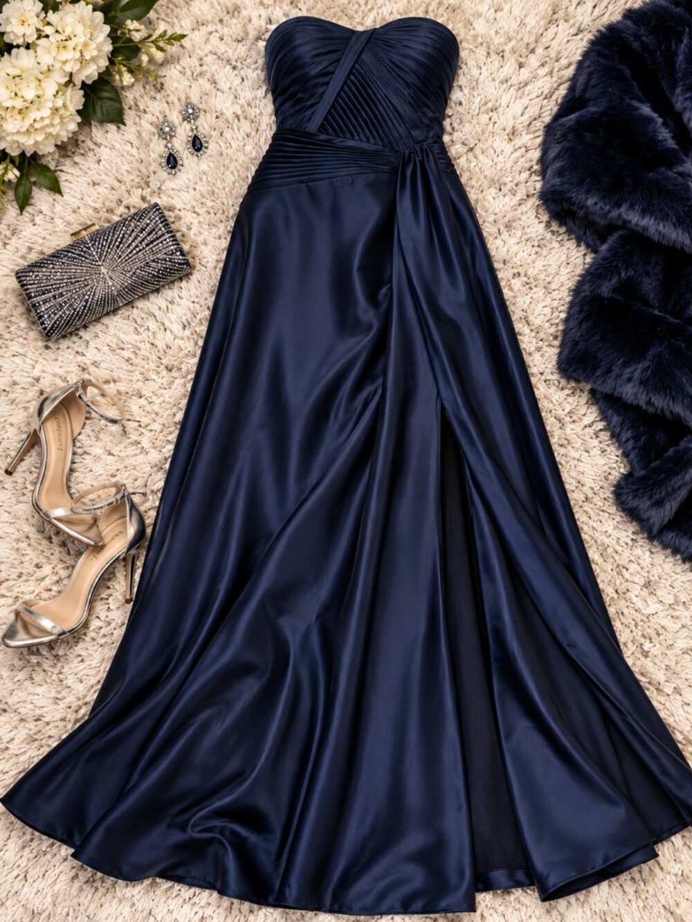 XSCAPE Size 10 Navy Hammered Satin Strapless Formal Gown NWT - Picture 5 of 9